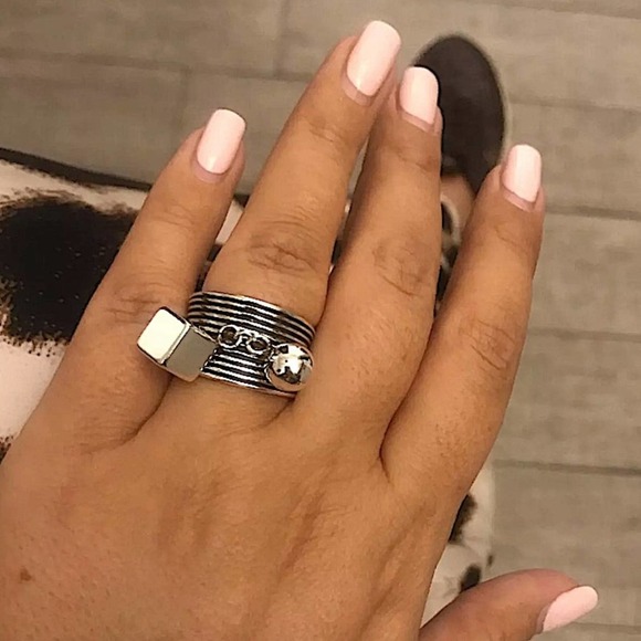 STERLING SILVER BALL SQUARE CHARM BAND ADJUSTABLE RESIZABLE RING - Picture 3 of 13